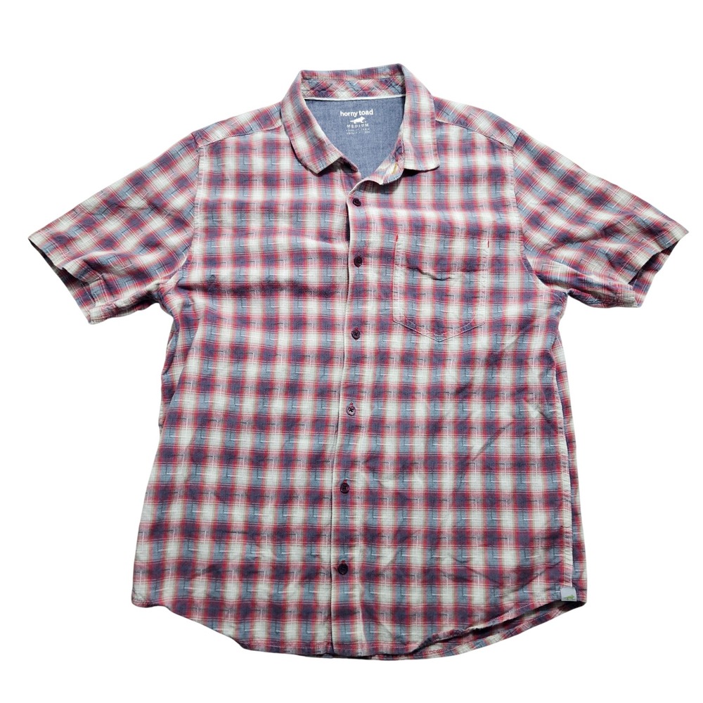 Horny Toad Mens Open Air Plaid Shirt Medium‎ Red Blue Organic Cotton H2012136